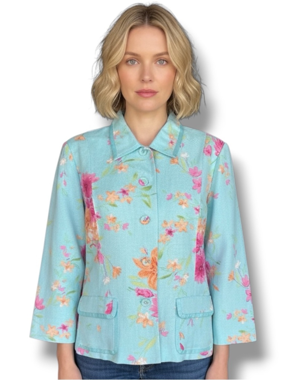 Emma James Aqua Floral Linen Blend Button-Front Blazer. Women’s Size 16